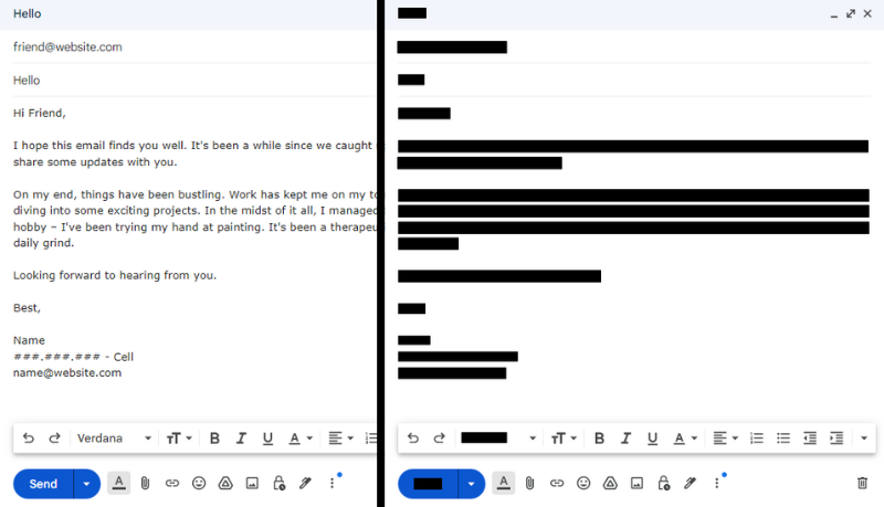 gmail composition screen with sample email side by side with the same screenshot with black bars over all the text